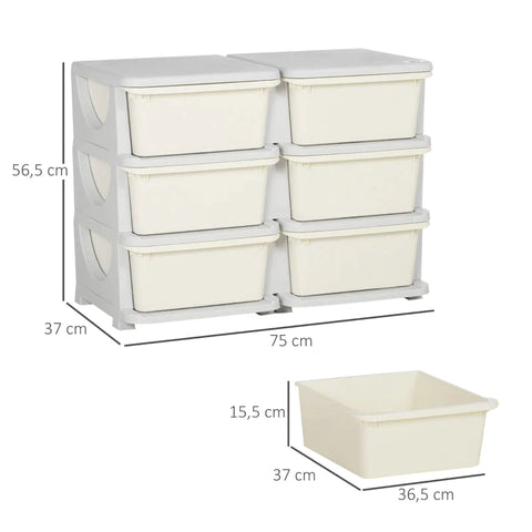 Rootz Kinderopbergdoos - Woonkamers - Kinderkamers - Uittrekbaar ontwerp - 6 grote lades - Crèmewit + grijs - 275L x 37W x 56,5H cm