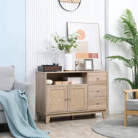 Rootz Sideboard mit Wiener Geflecht – Küchenschrank – 1 Schrank – 3 Schubladen – Natur – 110 cm x 40 cm x 76 cm