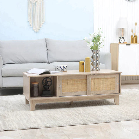 Rootz Couchtisch – Teetisch mit Schiebetüren – Wiener Weboptik mit offenen Schrankfächern – Wohnzimmer – Büro – Arbeitszimmer – Empfangszimmer – Natur – 120 cm x 50 cm x 42,5 cm