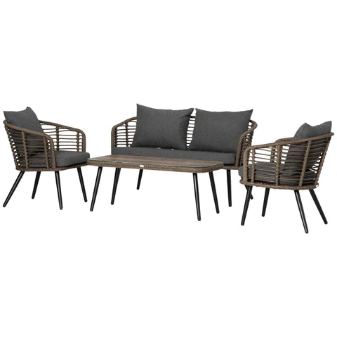 Rootz Garden Furniture - 4-piece Seating Group - Garden Set - Sofa Set - Double Sofa - Armchair - Coffee Table - Polyrattan - Grey - 135 x 67 x 76 cm