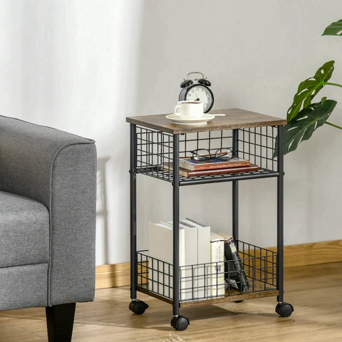 Rootz Kitchen Trolley - Serving Trolley - Industrial Design - 1 Shelf 1 Storage Basket 4 Wheels - Chipboard/Steel - Black/Brown - 40 cm x 30 cm x 62 cm