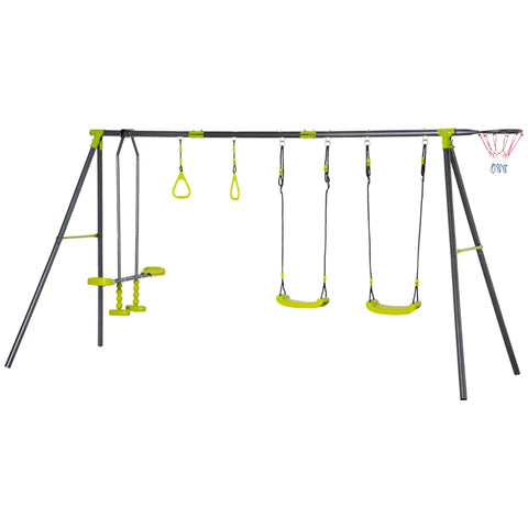 Rootz Kinderschaukel – Gartenschaukel mit Metallgestell – Schaukelgestell – Schaukelset – Kletterringe – Wippe – bis 150 kg – Outdoor – 365 x 138 x 175 cm