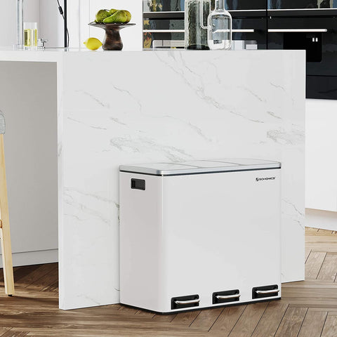 Rootz Mülleimer 54L – Mülltrennungssystem – 3 x 18 l – Treteimer – Mülltrennungs-Mülleimer – Edelstahl – Weiß