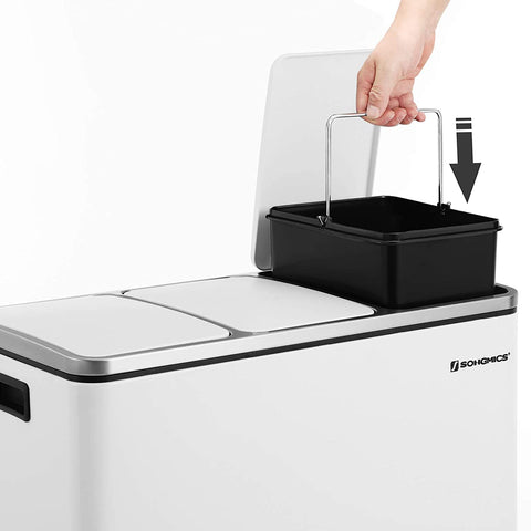 Rootz Mülleimer 54L – Mülltrennungssystem – 3 x 18 l – Treteimer – Mülltrennungs-Mülleimer – Edelstahl – Weiß