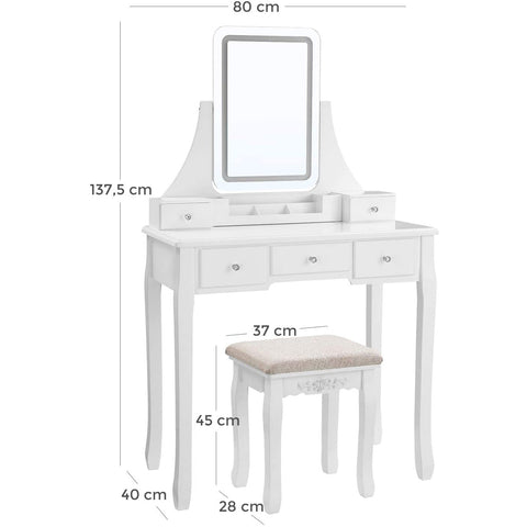 Rootz Schminktisch mit LED-Beleuchtung – Schminktisch – Spiegel – 5 Schubladen – mit Hocker – Weiß – 80 x 40 x 137,5 cm (L x B x H)