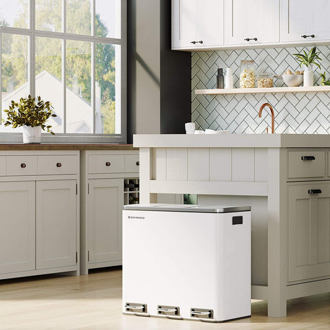 Rootz Mülleimer 54L – Mülltrennungssystem – 3 x 18 l – Treteimer – Mülltrennungs-Mülleimer – Edelstahl – Weiß