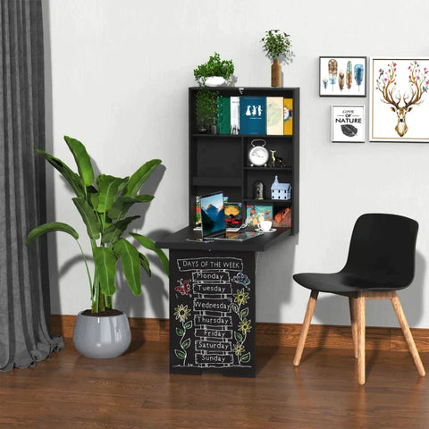 Rootz Wall Table - Folding Wall-Mounted Drop-Leaf Table With Chalkboard Shelf - Multifunction - Black - 60 cm x 94.5 cm x 147 cm