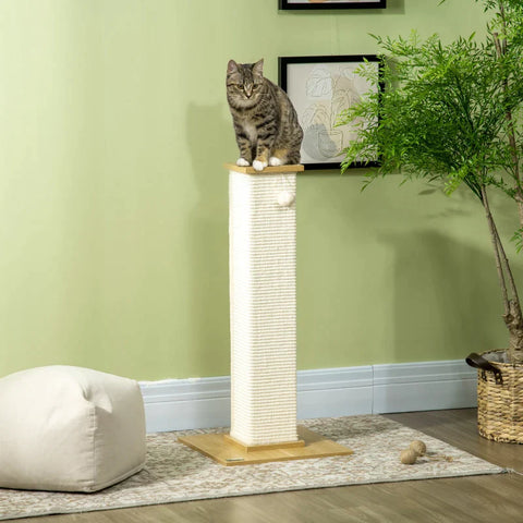 Rootz Scratching Post - With Toy - Beige + Natural - 38 cm x 38 cm x 80 cm