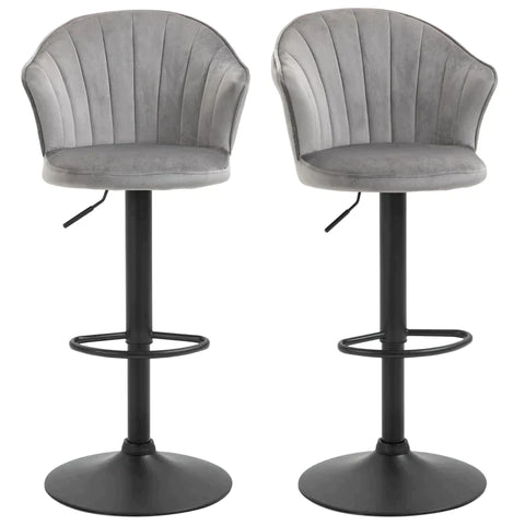 Rootz Set Of 2 Bar Stools - Swivel Bar Chairs - With Backrest Velvet Touch - Height Adjustable - Armless Foam - Grey - 51 x 53 x 92-112cm