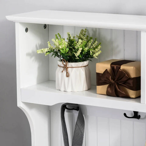 Rootz Wardrobe With Bench - Coat Hooks Wardrobe - 4 Coat Hooks - 2 Drawers Wardrobe - Modern Wardrobe Design - Storage and Seating Solution - White + Gray - 89L x 42W x 172H cm