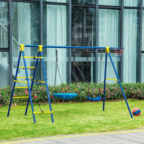 Rootz Kinderschaukel – Gartenschaukel mit Metallgestell – Netzschaukel – Schaukelgestell – Schaukelset – Doppelschaukel mit Kletterleiter – bis zu 4 Kinder von 3–10 Jahren – Blau – 285 x 138 x 175 cm