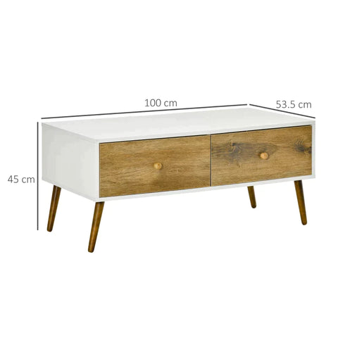 Rootz Coffee Table - Coffee Table With Two Drawers - Side Table - Storage Cabinet - Scandinavian-style - White/Brown - 100 cm x 53.5 cm x 45 cm