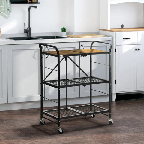 Rootz Industrial Design Kitchen Trolley - 3 Shelves - Multi-Purpose Trolley - Serving Trolley - 4 Wheels - Folding - MDF - Brown + Black - 68L x 35W x 85H cm