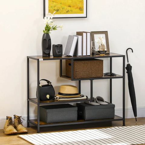 Rootz Shelf - Console Table - Industrial Design - 4 Shelves - Steel Frame - Chipboard - Rustic Brown + Black - 99.6 x 33.6 x 74 cm
