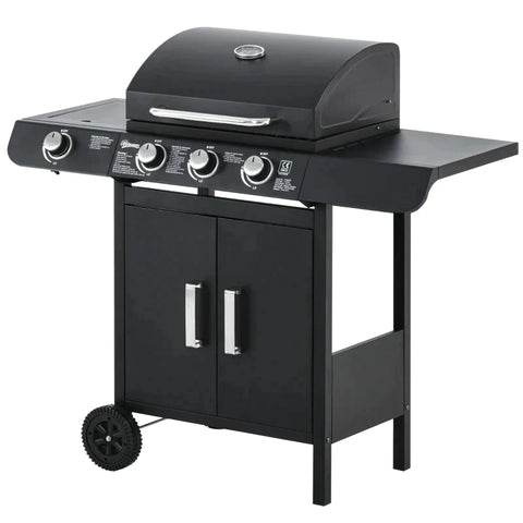Rootz Gas Grill - Bbq Trolley With 3 Burners - 1 Side Burner - Pressure Reducer - Hoses Cabinet - Multifunction - Steel - Black - 110 x 50 x 100 cm