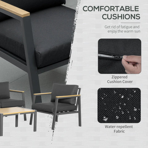 Rootz 4-teiliges Gartensofa-Set mit gepolsterten Kissen – 4-Sitzer-Konversationsmöbel-Set für den Außenbereich mit Couchtisch – Aluminium – Grau – 128 cm x 75,5 cm x 74,5 cm 128 cm