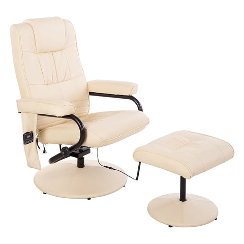 Rootz Relaxstoel - Massagestoel - Relaxligstoel Met Ligfunctie - TV-Stoel Met Massagefunctie - Inclusief Kruk - Imitatieleer - Creme Wit - 77 x 84 x 95 cm