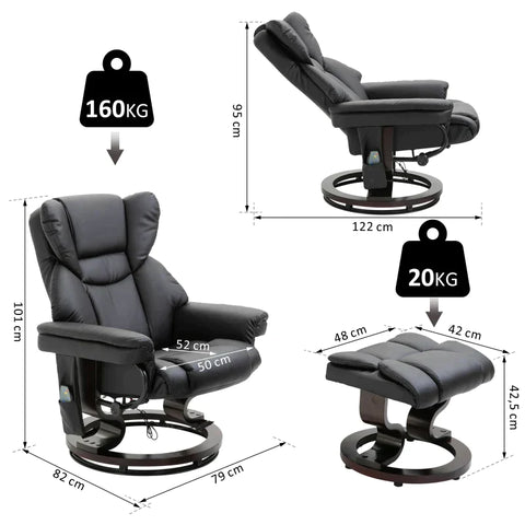 Rootz Massage Chair - Relaxation Chair - Recliner With Massage Function - Footstool - Reclining Function - Imitation Leather - Black - 79 x 82 x 101 cm
