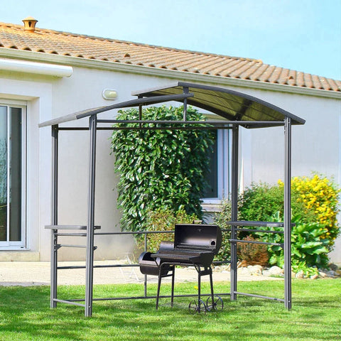 Rootz Grill Pavilion - BBQ Pavilion - Flame Protection Roof - 2 Shelves - Steel - Dark Grey - 240 x 150 x 230 cm