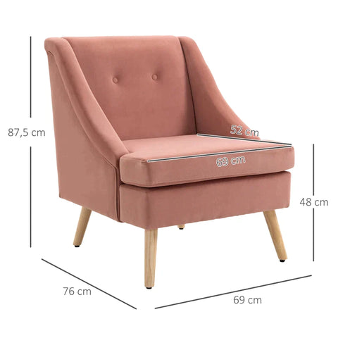 Rootz Armchair - Dining Chair - Accent Armchair - Scandinavian Design - Velvet Look - Rubber Wood - Pink + Natural - 69L x 76W x 87.5H cm