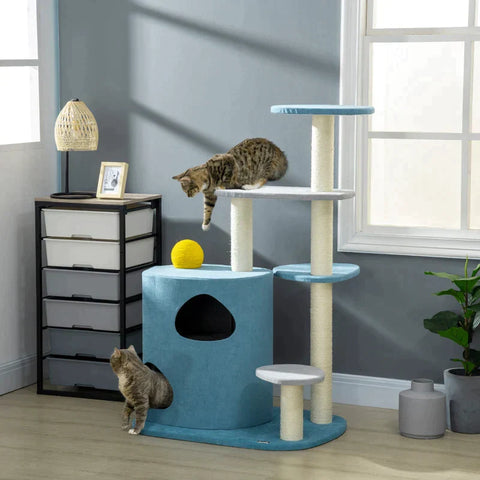 Rootz Scratching Post - Cat Tree - Cat House - With Scratching Barrel - And Scratching Ball - Blue/Gray/Yellow - 87 cm x 60 cm x 122 cm