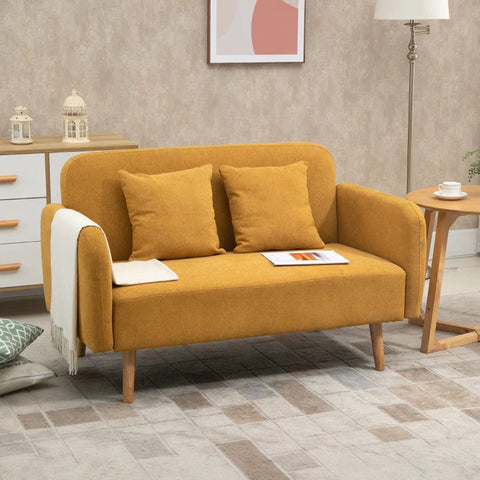 Rootz Double Sofa - Upholstery With Cushions - Compact Design - Two-seater - Adjustable Height Of The Footrests - Velvety Polyester - Rubber Wood - Foam - Yellow + Natural - 130 x 70 x 80 cm