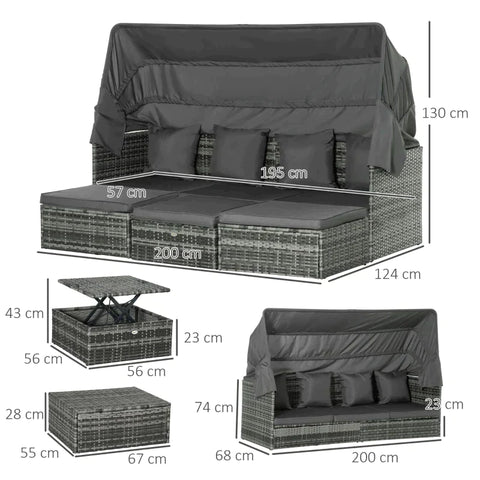 Rootz Poly Rattan Lounge Set - Lounge Group With Sunroof - Folding Roof - Seating Group Sun Island - Side Table - Garden Furniture - Outdoor - Grey