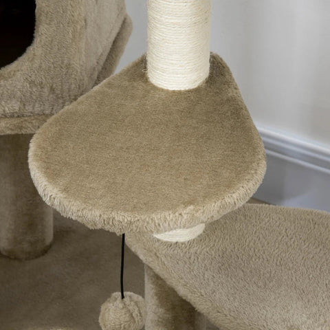 Rootz Cat Tree - Scratching Post With 1 Cat Cave - Cat House - Bed And Toy Ball -  Brown + Cream White - 55 cm x 55 cm x 94 cm