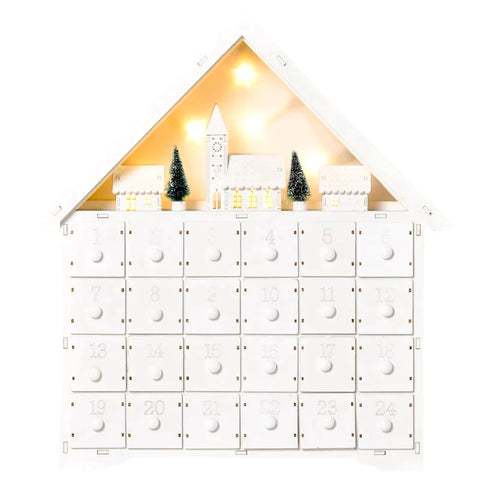 Rootz Christmas Advent Calendar - Christmas Calendar With LED Lights - With 24 Draw Boxes - 2-in-1 Design Christmas Decoration - White - 39 x 9 x 42 cm