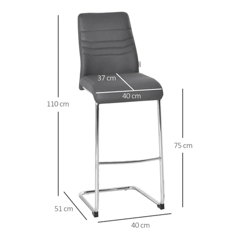 Rootz Chair - Bistro Chairs - Set Of 2 Bar Stools - Kitchen Stools - Metal Stools With Backrest - Faux Leather - Grey - 40x51x110 cm