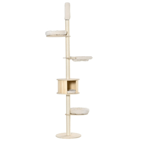 Rootz Krabpaal - Krabpaal - Klimboom voor hoog plafond - Houten kattengrot - Sisal pluche - In hoogte verstelbaar - Crème - 50 x 50 x 232-252 cm