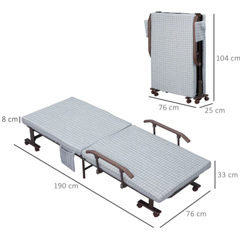 Rootz Folding Bed - Guest Bed - Reclining Backrest - Armrests - 8 Wheels - Steel Frame - Light Grey/Black - 190 x 76 x 33cm