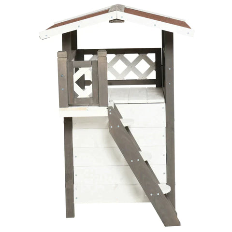 Rootz Cat House - Small Animal House - Cat Cave - With Terrace And Stairs - Weatherproof Winterproof - Fir Wood - White - 77 x 50 x 73 cm