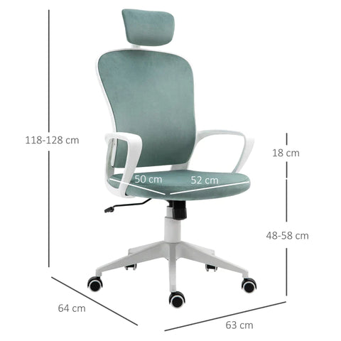 Rootz Office Chair - Rocker Function, Ergonomic Swivel Chair - Headrest - Height-adjustable - Turquoise/White - 63 x 64 x 118-128 cm