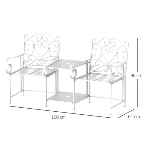 Rootz Metal Chair - Metal Bench With Table - Home - Balcony - Garden - White - 160L x 61W x 96H cm