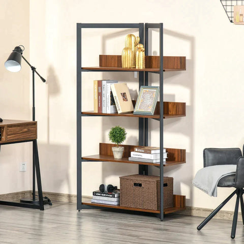 Rootz Bookcase - 4-Layer Design Living Room Shelving Unit - Standing Shelving Unit - Toy Rack with Anti-Tip Devic - Melamine Surface - Black+Walnut - 90x39x160cm