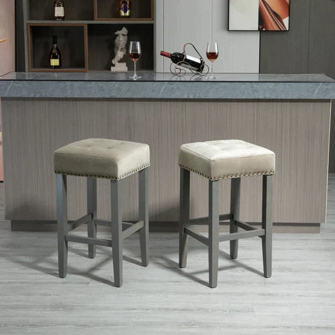 Rootz Barkrukken Set Van 2 - Eetkamerkrukken Met Voetsteun - Ademend - Polyester Stof - Rubberhout - Schuim - Grijs - 38,5 x 38,5 x 69,5 cm