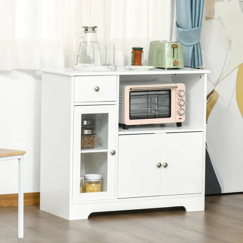 Rootz Microwave Oven Cabinet - Kitchen Cabinet - Cabinet - Storage Cabinet - With 2 Cabinets And Drawer - White - 90 x 40 x 82 cm