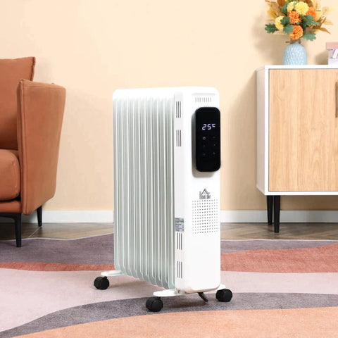 Rootz Oil Radiator - Portable Electric Radiator - 3 Heating Levels - 24-hour Timing Electric Heating - 11 Heating Plates With 4 Rollers - White - 50.5 x 24 x 63 cm