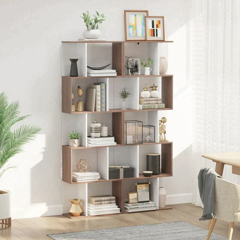 Rootz Bookcase - S Shape Bookcase - 5-Tier - Brown/White - 60cm x 24cm x 184.5cm