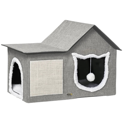 Rootz Cat House With Scratching Surface - Including Play Ball - Cat Cave - Imitation Linen - Brown + White + Beige - 65 cm x 41 cm x 45.5 H cm