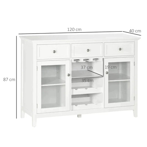 Rootz Sideboard – Buffetschrank – 3 Schubladen – 2 Schrankfächer – Glastüren – Weinregal – Weiß – 120 x 40 x 87 cm