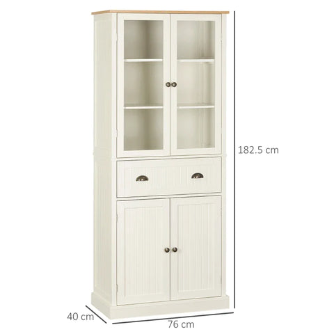 Rootz Kitchen Cabinet - Freestanding Kitchen Cupboard - 5-tier Storage Cabinet - 2 Cabinets - 2 Drawers - 2 Glass Doors With Window Bars - Creamy White - 76 cm x 40 cm x 182.5 cm