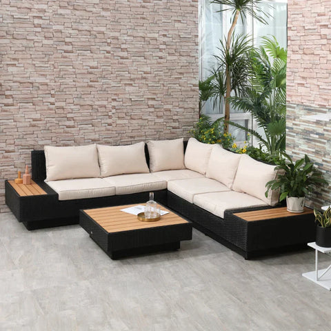 Rootz Sofa Set - Luxury Garden Set - Garden Set - With Shelves - 4 Pieces - Polyrattan/Steel/Aluminum/Polyester - Black