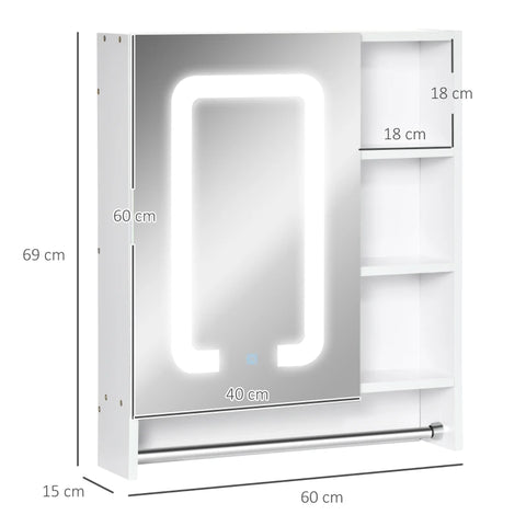 Rootz Mirror Cabinet - Bathroom Cabinet With Led Lighting - Touch Control - Towel Rail - White - 60 x 15 x 69 cm