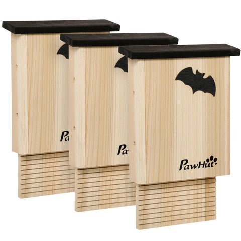 Rootz Set of 3 Weather Resistant Bat Houses - Up to 3 Bats per House - Small Animal Stables - Treated Fir Wood - Natural + Black - 25L x 6W x 37.5H cm
