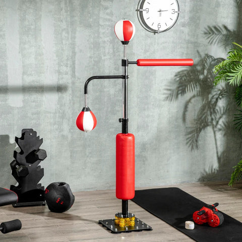 Rootz Boksstandaard - Twee Speedballs - Draaibare Boksstang - Kick Pad - In hoogte verstelbaar - Staal - Zwart/Rood/Wit - 84 x 36 x 140-205cm