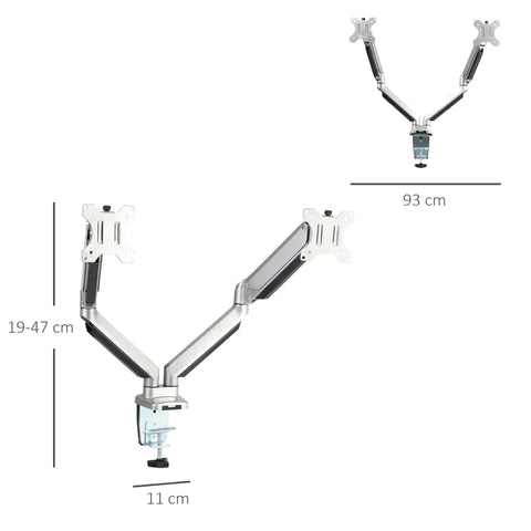 Rootz Monitor Mount - 2 Monitor Desk Mount - Monitor Stand - Height Adjustable - Tiltable - Swivellable - Rotatable - Aluminum - Silver - 93 x 11 x 19-47 cm