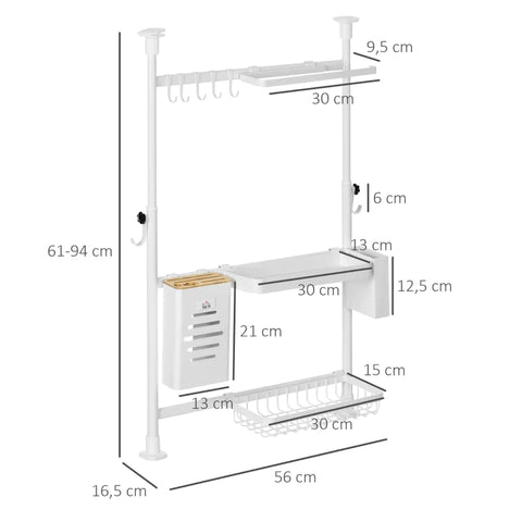 Rootz Kitchen Cabinets - Knife Holder Hook - Rustproof - Clamp Design - Kitchen Roll Holder - Metal Frame - White - 56L x 16.5W x 61-94H cm