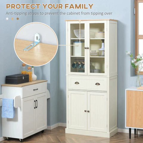 Rootz Kitchen Cabinet - Freestanding Kitchen Cupboard - 5-tier Storage Cabinet - 2 Cabinets - 2 Drawers - 2 Glass Doors With Window Bars - Creamy White - 76 cm x 40 cm x 182.5 cm